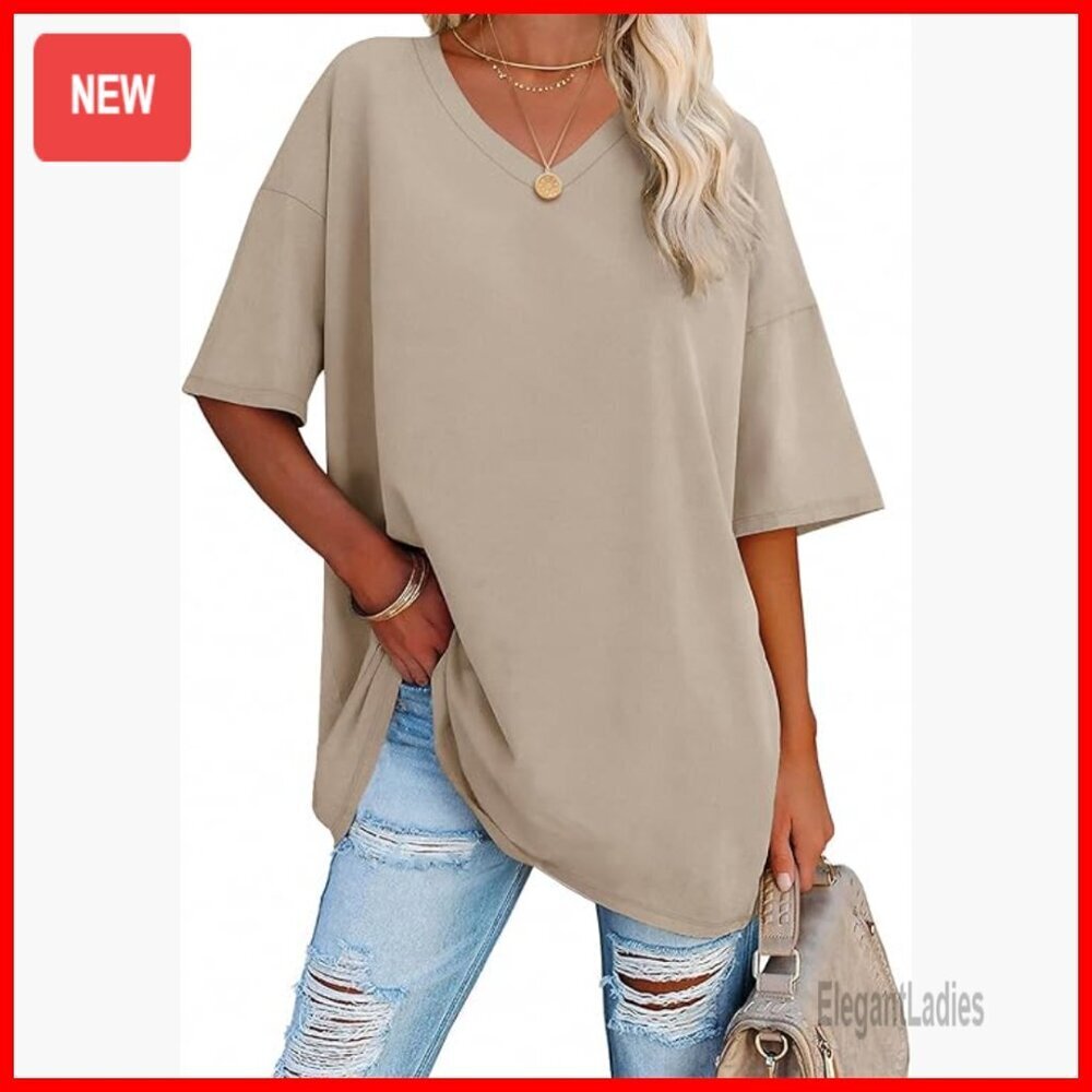 Oversized V-Neck Tunic Tee - Plus Size Cotton Blend Loose Fit Top